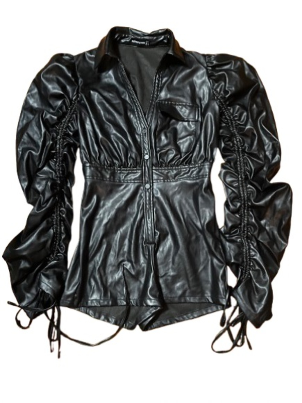 Pretty Little Thing Black Faux Leather Ruched Sleeve Shorts Romper Size 6